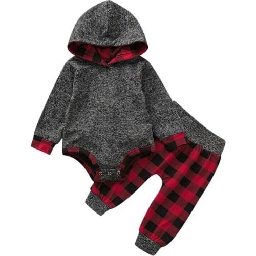 0-24M Newborn Baby Boys Girls Long Sleeve Hooded Romper Plaid Pants Clothes