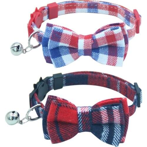 Cute Bowtie Cat Collar Breakaway with Bell Plaid Collar Set for Kitty Puppy Adjustable 7.8-10.2"