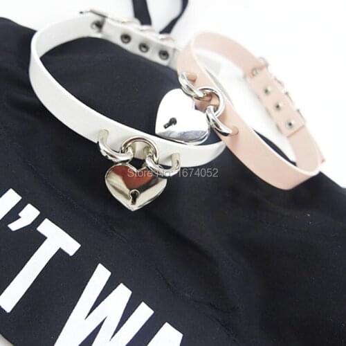 Fashion Jewelry Cool Kawaii 100% Handmade Punk Goth Real Leather Heart Lock Choker Collar Necklace