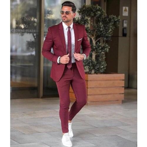 2021 Burgundy Tuxedo Men Suits for Wedding 2Pieces Business Suit Blazer Notch Lapel Costume Homme Terno Party Suits(jacket+pant)