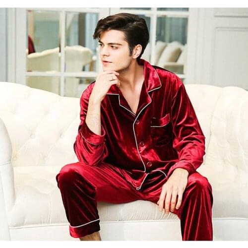Men Pajamas Set Velvet Warm Sexy Man Pyjama Long Shirt Pant 2Piece/Set Home Sleepwear 2019 Winter Fashion Pure Color Pjs