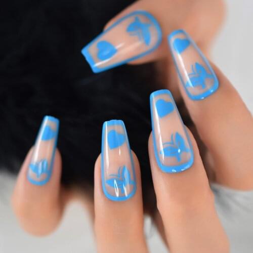 IMABC Set Butterfly Heart Blue Color Nail Tips Press On Nails Coffin Pre Designed Medium Long Manicure Wholesale Cutey Gel Nails