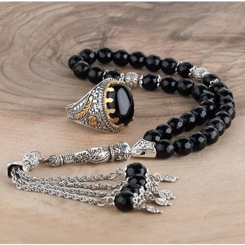 Onyx Rosary and 925 Sterling Silver Mens Ring Set Jewelry for Men