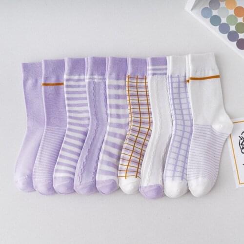 Spring Japan Korea Harajuku Kawaii Cute Socks Women Stripe Lattice Purple Middle Tube Socks Comfortable Breathable Happy Socks