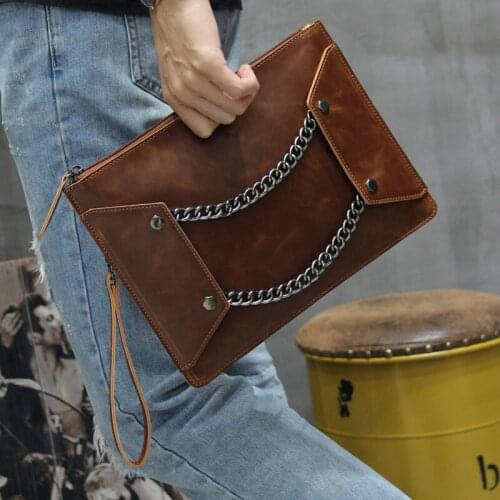 2019 New Fashion Modern Creative Man Hand Package Crazy Horse Leather Clutch Bag Envelope Handbag Catch Iron Chain File Package