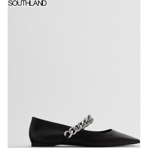 SOUTHLAND New autumn womens shoes Black chain ornament Sheep leather flat shoes