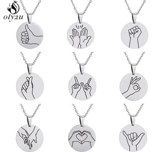 Stainless Steel Hand Gesture Pendant Necklace Engraved Language Everything is Okay Necklaces Friendship Jewelry for Women Men