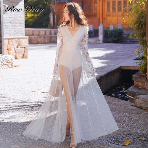 Womens Boho V-Neck Long Dresses New Fashion Lace Floral Long Flare Sleeves Loose Beach Sundress Ladies Summer Holiday Vestidos