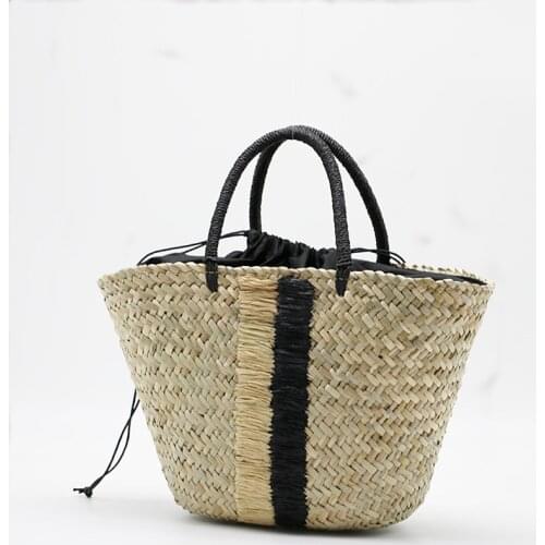 2021 New Design Grass Straw Bag Blue Black Stripes Straw Woven Bag Bucket Hit The Color