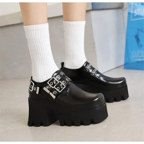 PXELENA Plus Size 35-44 Buckle Women Chunky Block High Heels Platform Shoes 2021 Spring Lady Punk Gothic Creepers Cosplay Pumps