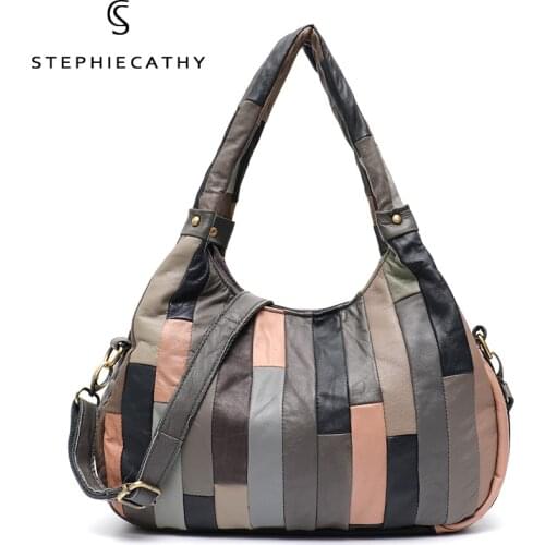 SC Retro Casual Sheepskin Patchwork Hobo For Women Design Real Leather Tote Handbag Ladies Vintage Shoulder Bag Crossbody Purses