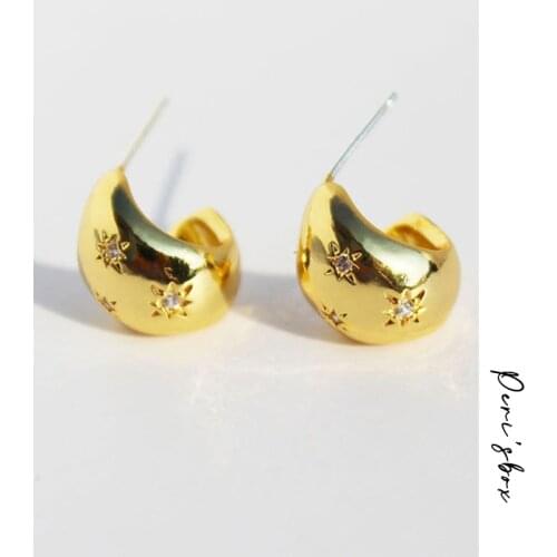 PerisBox gold color dome earrings with cubic zirconia delicate octagonal star large ear studs chunky smooth earrings for women