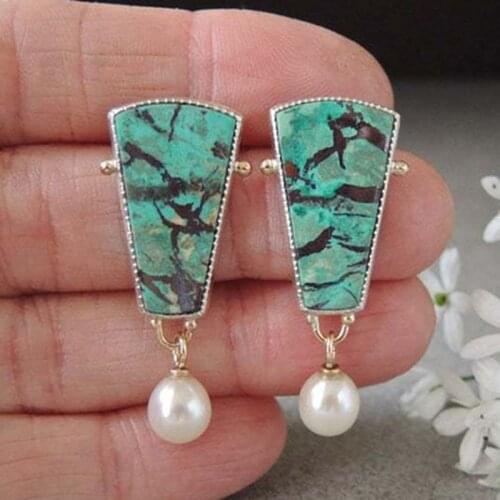 Womens Gold Color Turquoises Studs Earrings Round Pearl Geometric Branch Veins Abstract Enamel Earrings for Women Party Jewelry