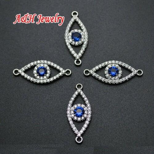 Blue CZ Beads Inset Evil Eyes Double Side Connectors 10x14mm Silver Pendants For Bracelet Making Charms 10pc/lot