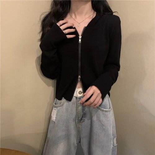 Sweatshirts Women 2021 Hooded Pure Zipper Sexy Female Simple Outwear Leisure Knitted Hoodies For Teen Girls Chic Fashion AA5741