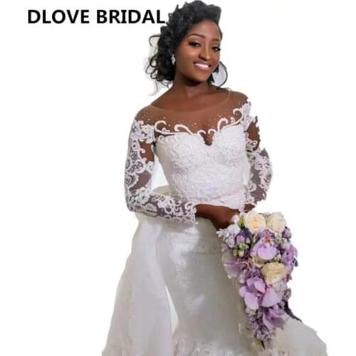 High Quality Lace Wedding Dress Illusion Long Sleeve Mermaid Bridal Gown with Detachable Bow Back Real Photos