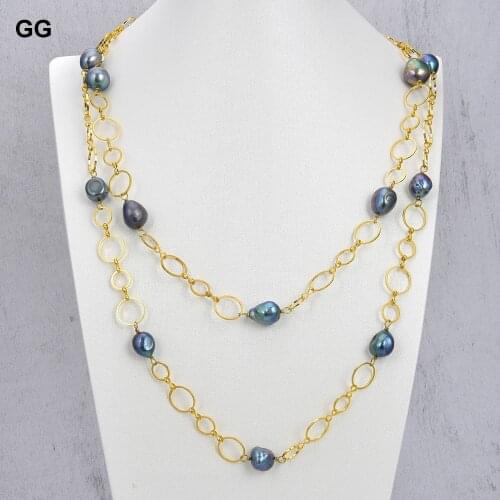 GuaiGuai Jewelry 50" 18mm Black Keshi Pearl Gold Color Plated Chain Necklace