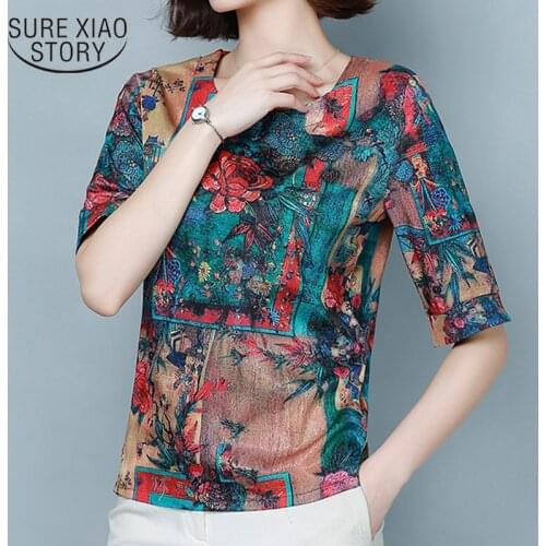 2020 Summer New Short Sleeve Round Neck Printed Satin Blouse Women Korean Loose Simple Thin Tops Female Chemisier Femme 9223 50