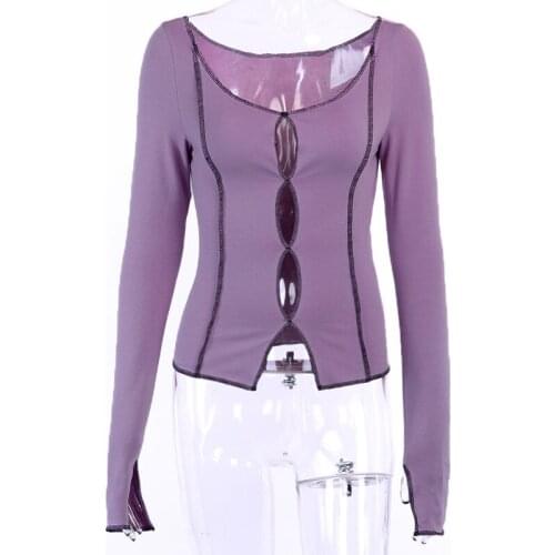2021Hollow Out Slit Hem Autumn Streetwear Slim Cotton Ladies Casual Patchwork Wannathis Purple Top Women Long Sleeve Top Shirts