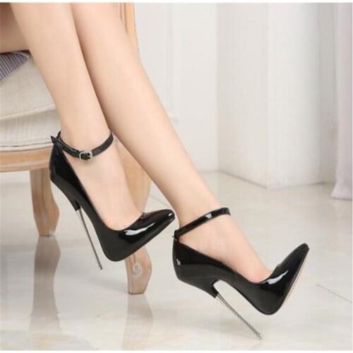 Womens high heels Sexy summer clothes shiny surface color buckle solid heel good Pointed material high heels woman Size 35-44