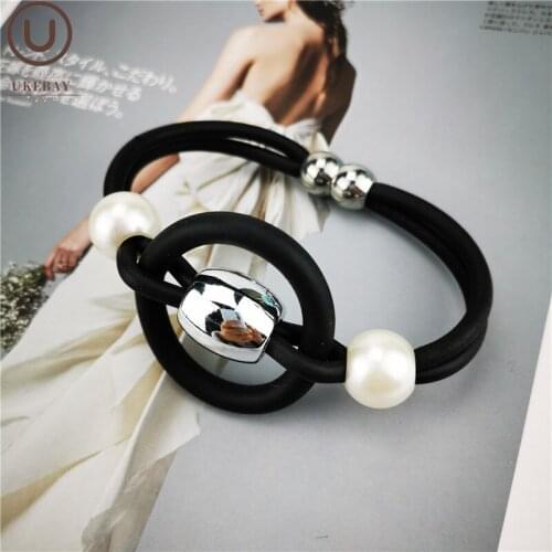 UKEBAY Alloy Bead Bracelets Women Fashion Gothic Charm Bangles Black Silicone Bracelet Elasticity Chain Pearl Jewelry Bangle
