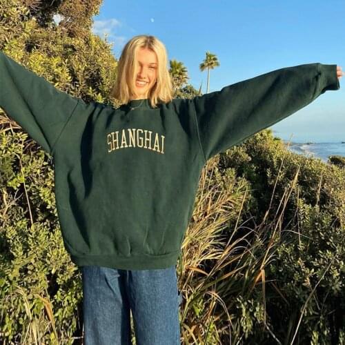 B-TOTO American Retro Dark Green Letters Embroidery Pullover Sweater Women Ins Tide Spring And Autumn 2021 Fashion