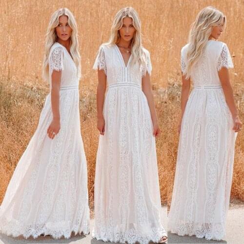 Womens Casual Floral Lace V Neck Short Sleeve Long Evening Dress Cocktail Party Maxi Wedding Dress
