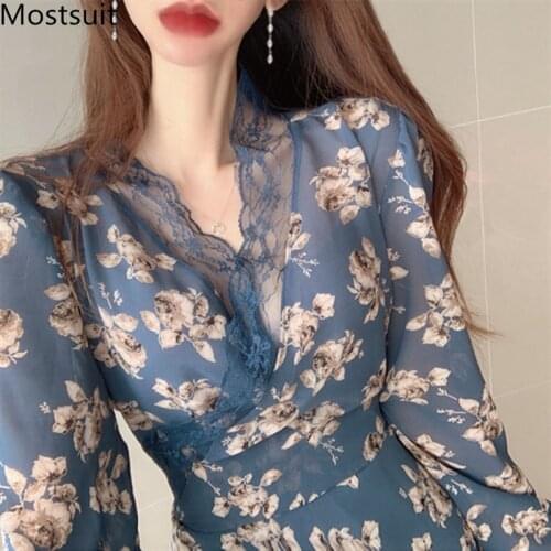 2020 Spring Chiffon Printed Lace Patchwork Long Dress Women Korean Vintage Fashion Sexy Dresses Long Sleeve V-neck Vestidos