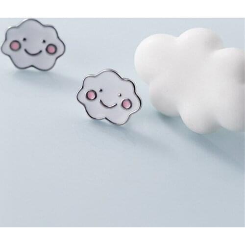 100% 925 Sterling Silver Fashion Cute Smiley Face White Cloud Stud Earrings For Women Girls Kids Lady Birthday Gift oorbellen