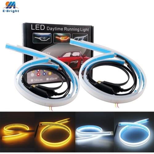 2pcs 30cm 45cm 60cm Car Flexible Sequential Flowing Daytime Running Light White With Yellow Turn signal Driving Strip