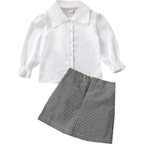2Pcs Sweet Style Little Girls Outfit, Autumn Toddlers Solid Color Long Sleeve Lapel Single-breasted Shirt + Plaid Short Skirt