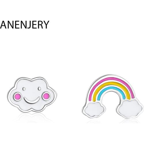 ANENJERY 925 Sterling Silver Simple Cute Rainbow Cloud Asymmetric Stud Earrings With Earring Jewelry For Girls S-E956