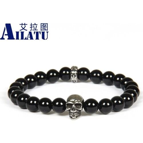 Ailatu Jewelry Wholesale 10pcs/lot 8mm Natural Onyx Stone with Stainless steel Skull Beaded Bracelet Not Fade