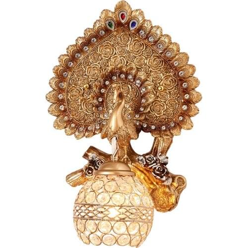 European Peacock Gold Resin Wall Lamp Bedside Bedroom Living Room Background Wall Creative Personality Corridor Stair Art Light