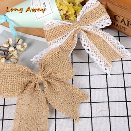 DIY Simple Rustic Burlap Craft Jute Bow Ties Lace Trim Ruched Bowknot Christmas Tree Ornaments Sewing Wedding Decoration