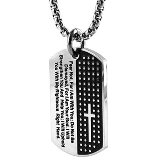 HZMAN Isaiah 41:10 Jewelry, Stainless Steel Cross Dog Tag Necklace Strength Bible Verse (Tag Silver)