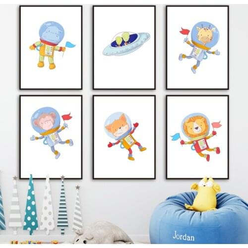 Space Astronaut Animals monkey Fox Lion UFO Wall Art Canvas Painting Nordic Posters And Prints Wall Picture Baby Kids Room Decor