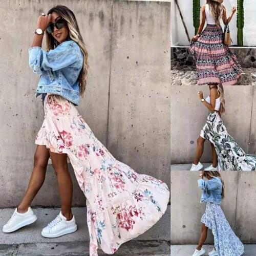 Summer Fashion Beach Style Women Casual Print High Waist irregular Ruffle Skirt Flower Print Skirt femme Dress