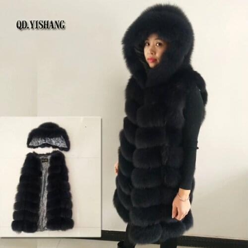 New natural Fox Fur Mid-Long Hooded Lady Vest Cap removable Warm vest QD.YISHANG