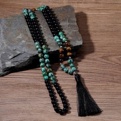 OAIITE Natural Mala Stone Long Necklace for Women Men Handmade Buddhism Ethnic Tassel Necklaces Pendants