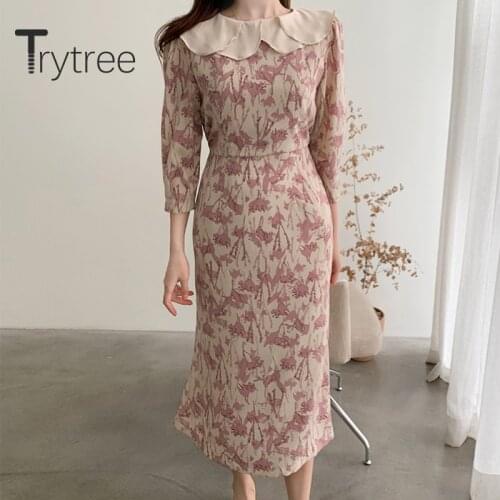 Trytree 2020 Autumn Women Dress Casual Peter pan Collar Three Quarter A-line Print 2 Color Dress Fashion Elegant Mid-Calf Dress