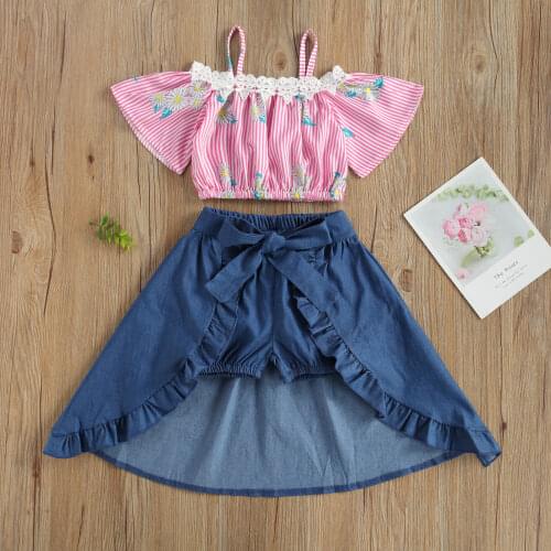 2-7Y 3pcs Girl’s Summer Fashion Stripe Daisy Cropped Tops Solid Color Short with Wrapped Skirt Outfits Childrens Clothing