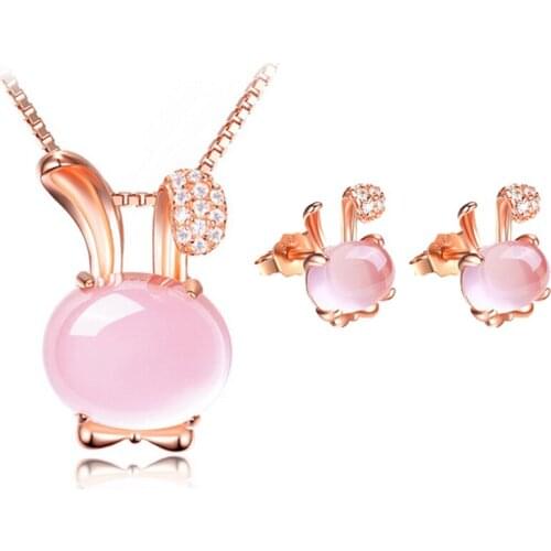 Ociki Rose Gold Color Cute Rubbit Crystal Ross Quartz Pink Opal Necklace and Earrings Chokers Jewelry Set for Women Girls Drop