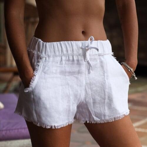 All-match Women Summer Shorts Cotton Linen Fashion Pockets Fringe Lacing Pants Casual Loose Wide Leg Solid Color Shorts Femme XL