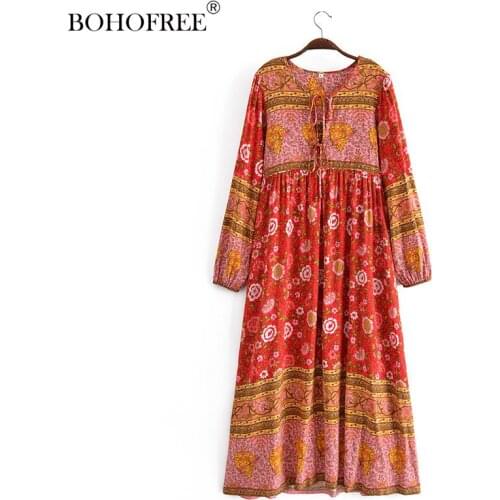 Boho Vintage Tunic Long Dress Casual Dresses Long Sleeve Floral Print Maxi Hippie Vestidos Femme Bohemian Rayon Cotton Dress