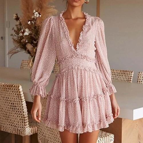 WomenS Summer Dress Fashion V-Neck Ruffled Long Sleeve Printed Dress Back Hollow Knee-Length Dress new летнее женское 50