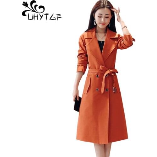 UHYTGF Feminine fashion trench coat Solid color wild casual womens top Double-breasted spring autumn windbreaker female 4XL 201