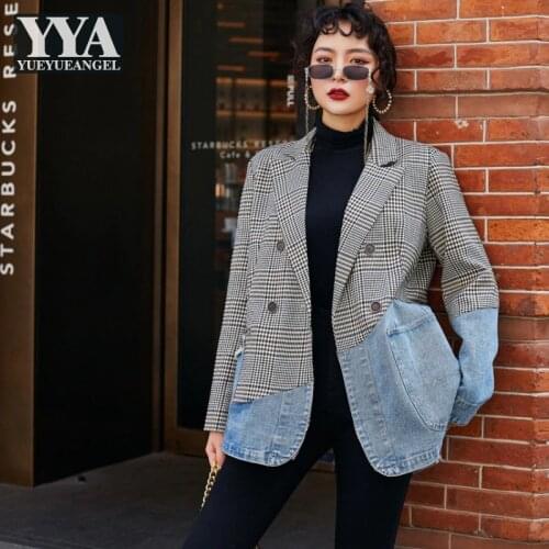 Autumn Womens Plaid Blazer Design Patchwork Denim Double Breasted Suit Jacket Fashion Outerwear Lapel Loose Fit Casual Blazers