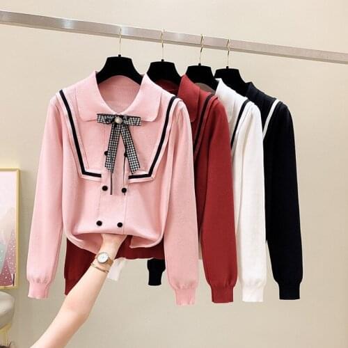 2021 New Autumn Winter Pink Sweater Knitted Pullover Long Sleeve Bow Tie Knitwear Fashion Slim Casual Women Jumper Pull Femme
