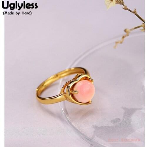 Uglyless Real 925 Sterling Silver Natural Pink Shell Rings for Women Sweet Heart LOVE Finger Ring Handmade Dress Bijoux Vintage